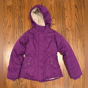 Lands End girls winter jacket purple size 7/8 small zip up hooded Sherpa lining